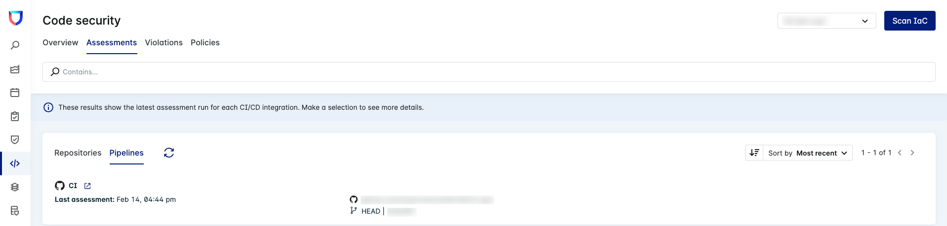 Pipelines tab on the Code Security Assessments page