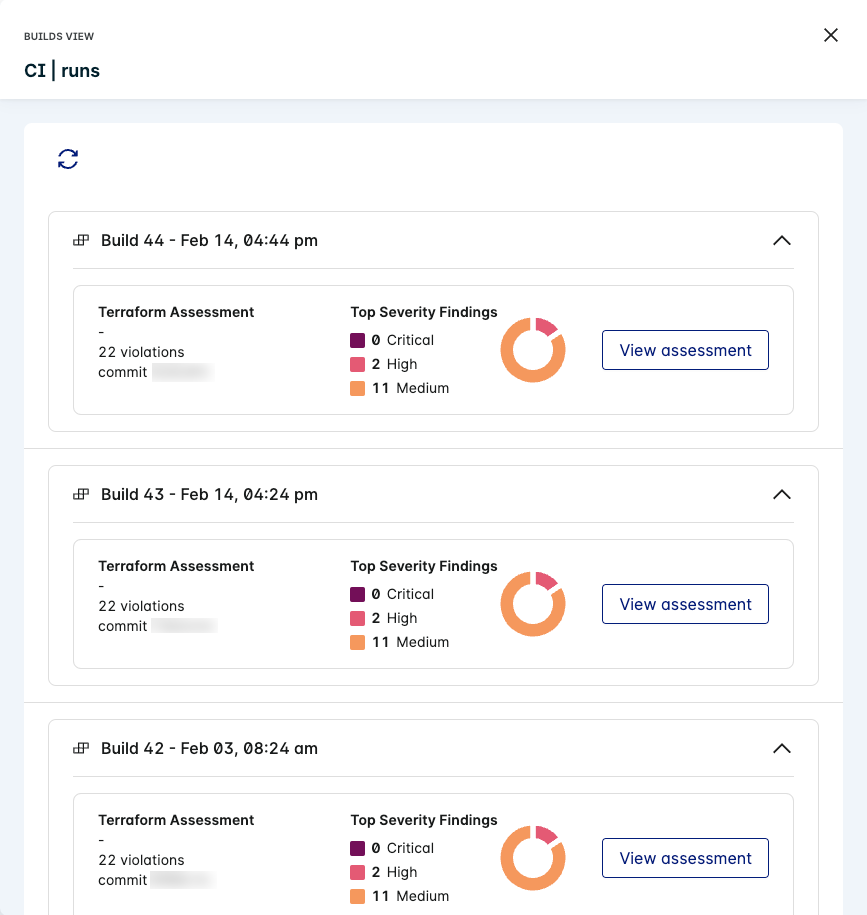 Builds view. List of builds 41-44