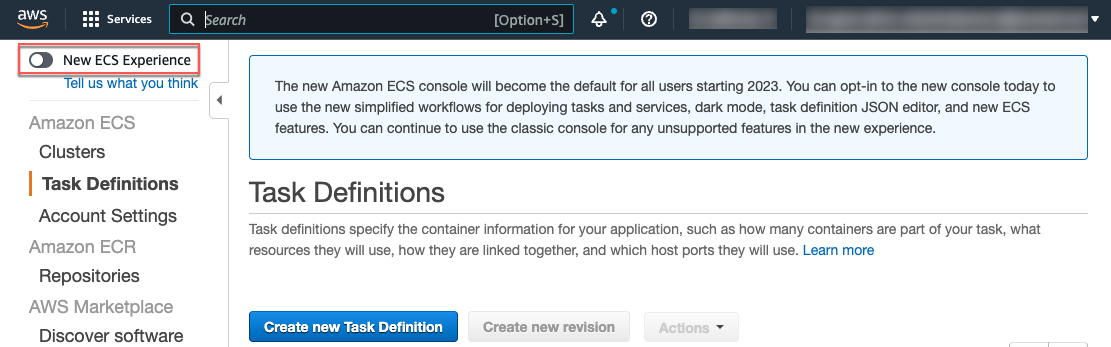 Toggle to switch to classic console view in AWS