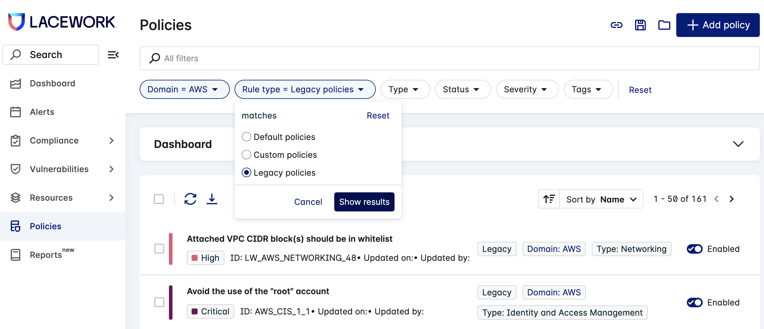 Policies batch select filter type