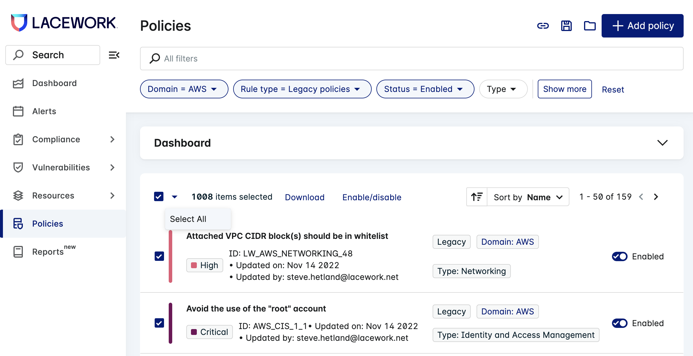 Policies batch select filter enabled
