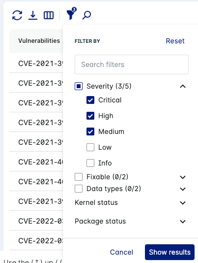 CVE Tab - interactive filter